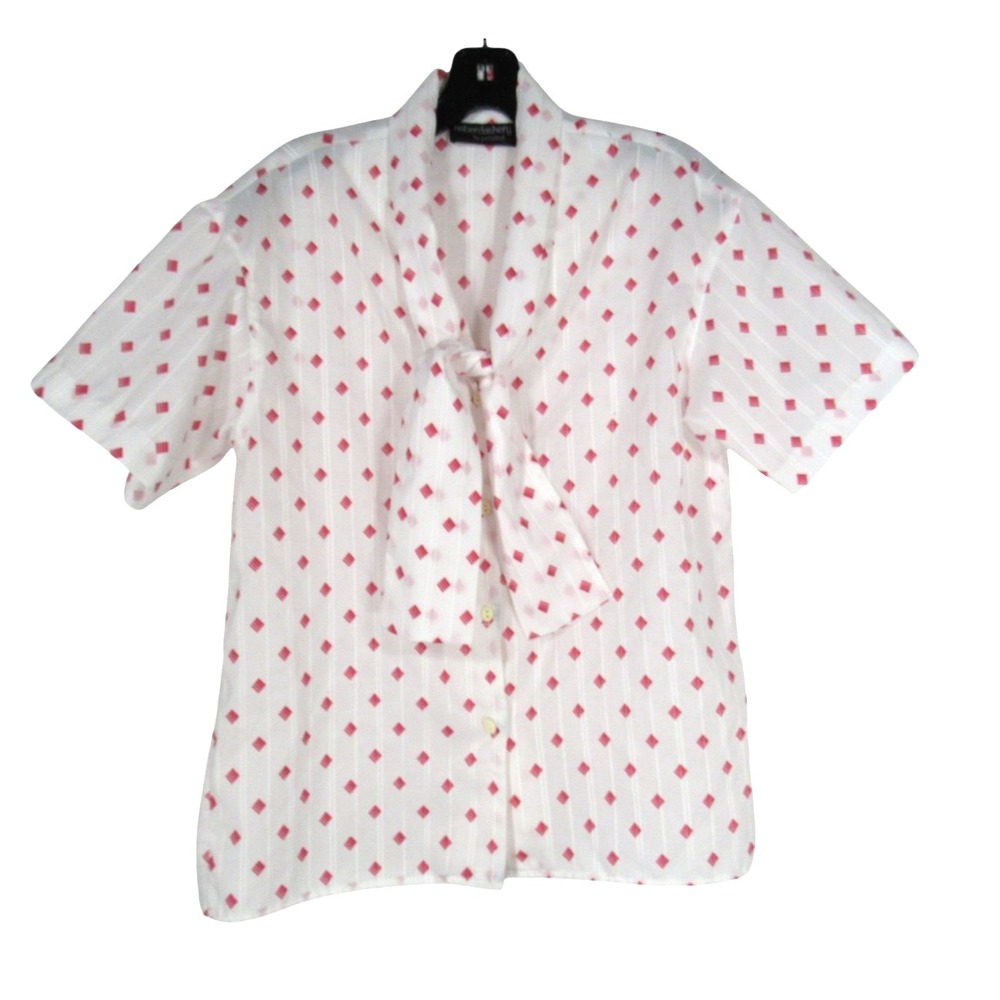 VTG HABERDASHERY White/Red GEOMETRIC & STRIPE Button-Up TIE COLLAR Blouse/Top 10